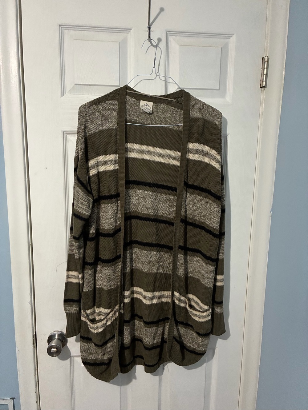 St. Johns Bay Olive Green and Cream Striped Open Cardigan